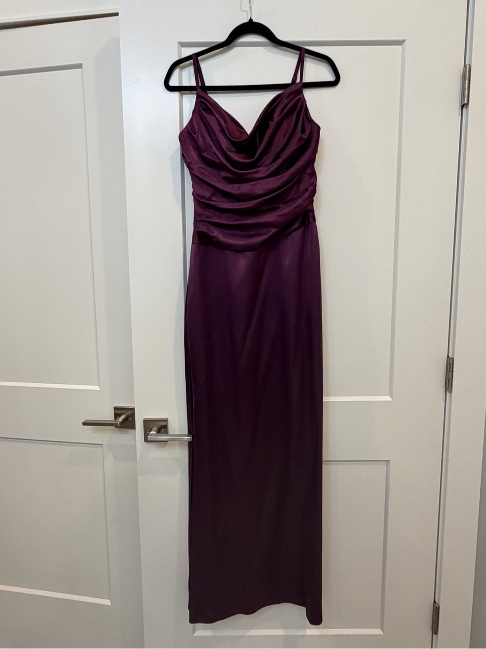Plum Satin Cowl Neck Maxi Dress with Spaghetti Straps